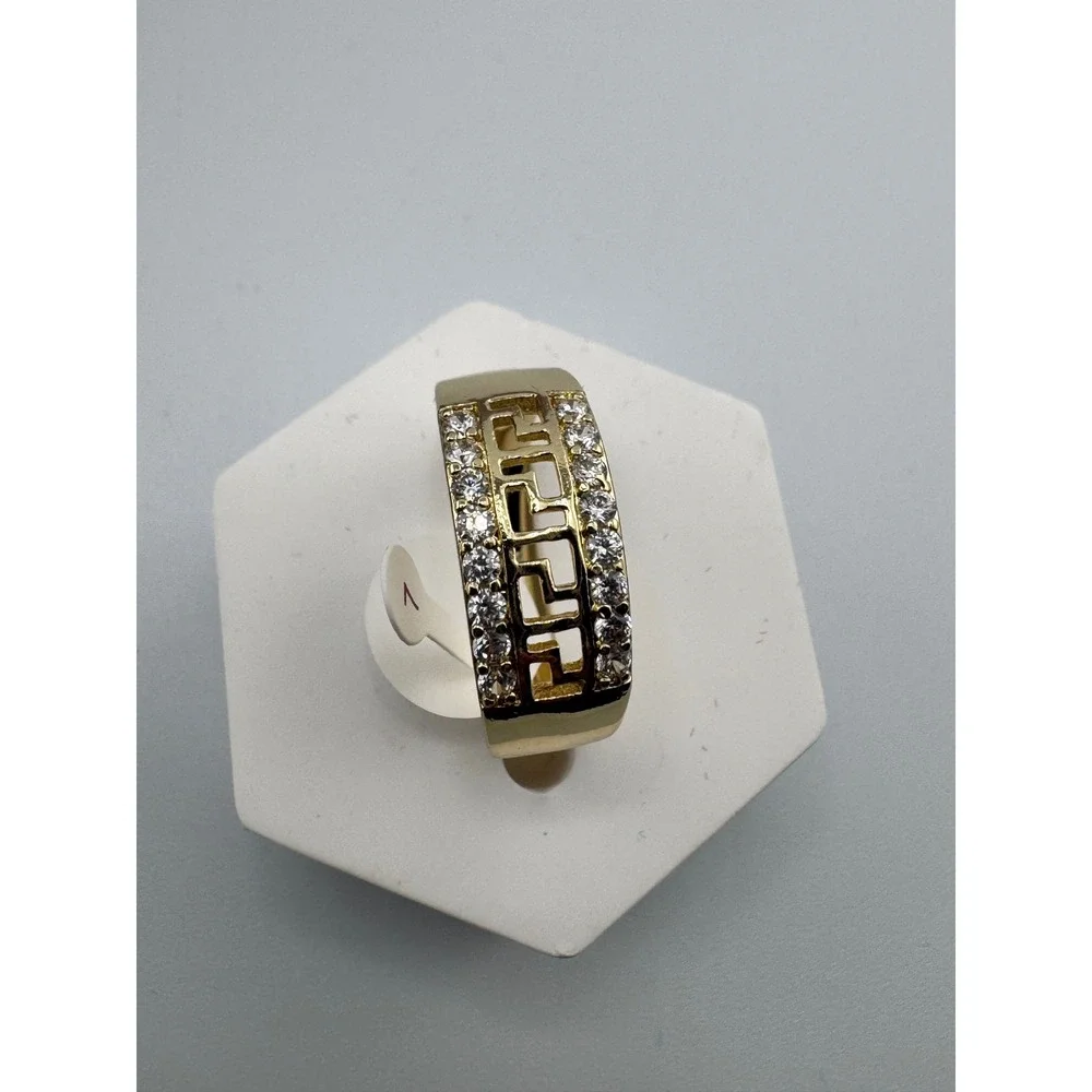 Gold Plated Greek Key Fretwork Ring Cubic Zirconia Accents Size 7